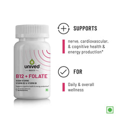 Unived Basics B12+ Folate , Vitamin B12 , Essential For Vegan & Vegetarians | 60 Vegan Capsules , 100gm 0.2lbs