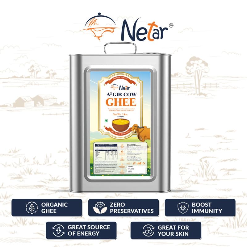 100% Natural A2 Gir Cow Ghee By Netar | Rich In Vitamins A & E Healthy Desi Ghee For Sweets | (5 Litr) 169.0 Ounce | Tin Container