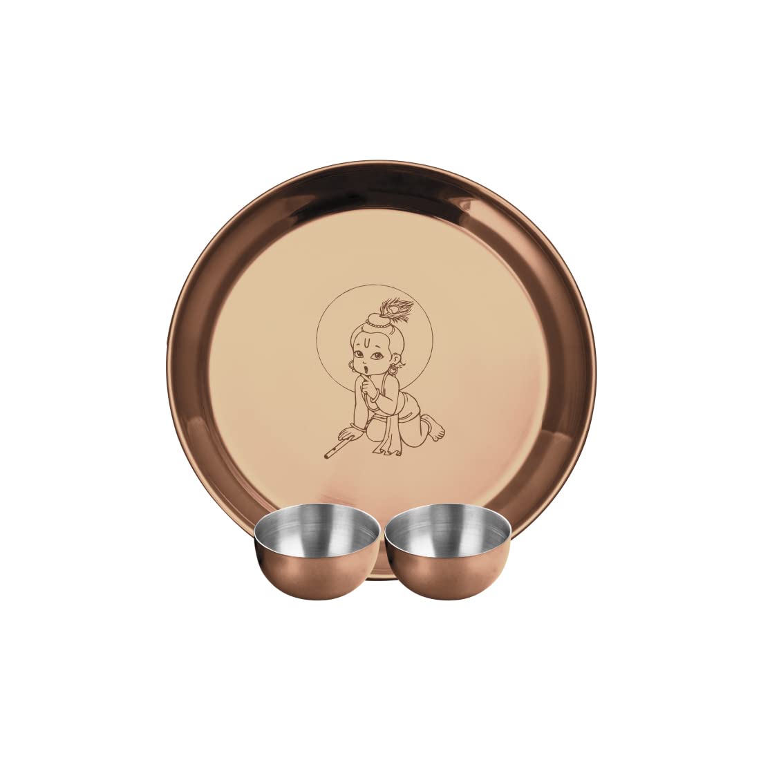 Stainless Steel Kanha Ji Pooja Thali Set Of 3, Rose Gold PVD Coating | 1 Pooja Thali+ 2 Katoris - Easy To Clean & Dishwasher Safe