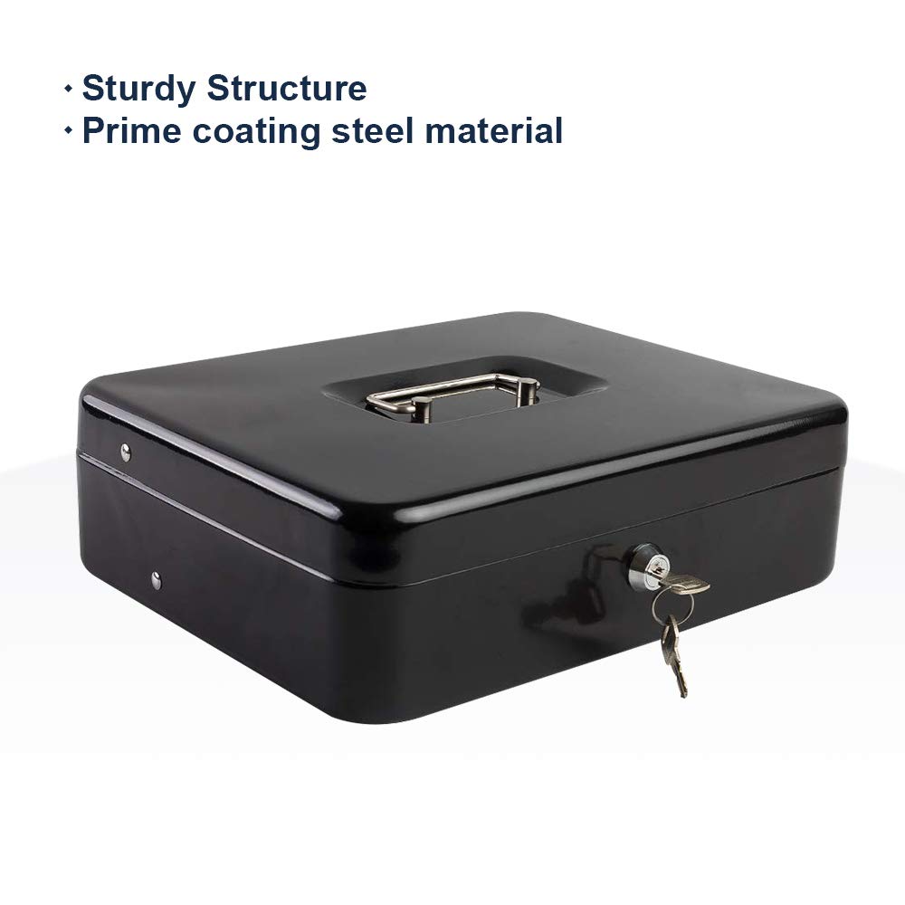 Locking Cash Box With Lock, Money Box With Cash Tray, Lock Safe Box With Key, Money Saving Organizer,11.81lx 9.45 Wx 3.54h Inches, Colour - Black Xl Large