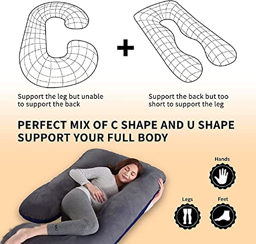 J Shaped Pillow, Pregnancy Pillow For Maternity & Baby Nursing - Grey & Dark Blue | Pregnant Women Stomach, Spine, Neck Support, Velvet Outer Cover With Zip, Adjustable, Multipurpose Use