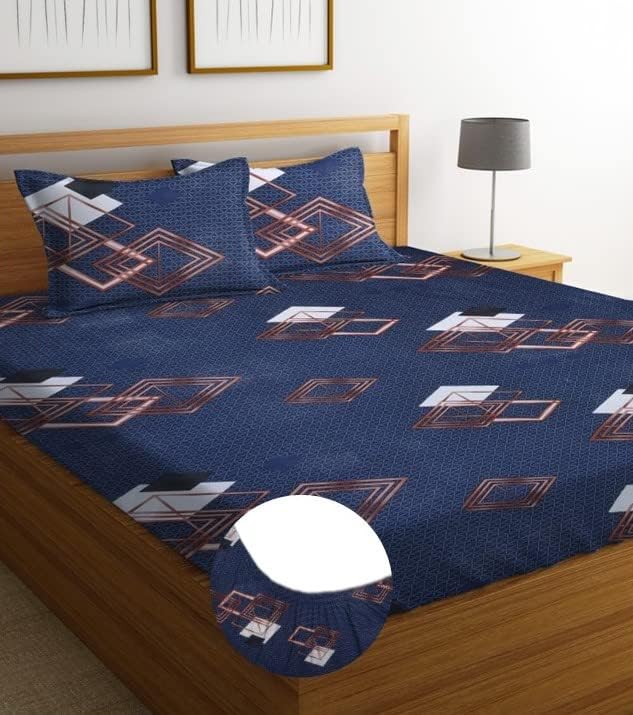 Premium Cotton Double Bedsheets With 2 King Size Pillow Covers - 72 X 78 Inches, Dark Blue | All Around Elastic Fitted Double Bedsheet