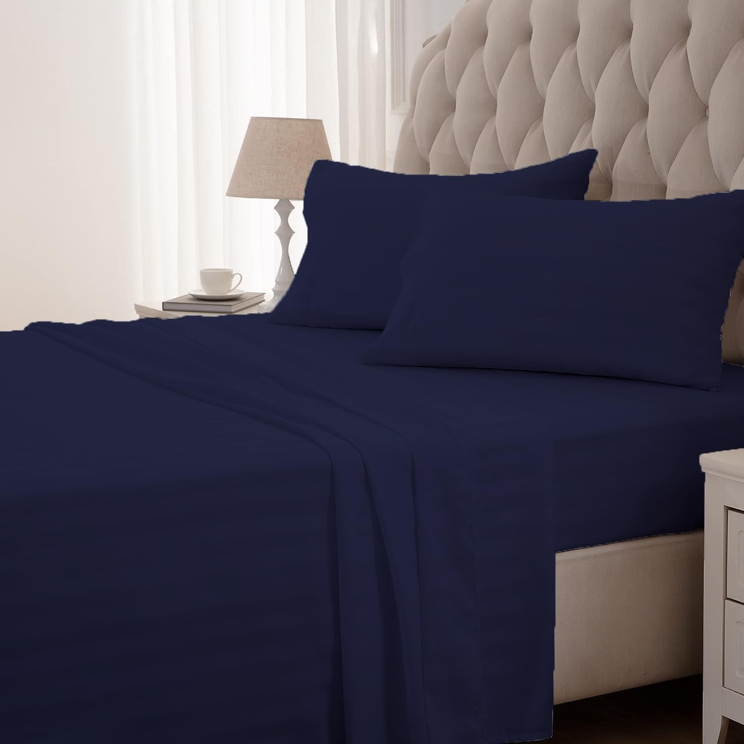 Striped King Size Fitted Bedsheet With 2 Pillow Cover - 72 X 78 + 12 Inches, Navy Blue | Comfortable, Wrinkle Resistant, Fade Resistant & Environmentally Friendly