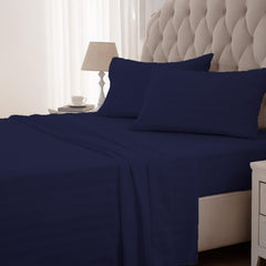 Striped King Size Fitted Bedsheet With 2 Pillow Cover - 72 X 78 + 12 Inches, Navy Blue | Comfortable, Wrinkle Resistant, Fade Resistant & Environmentally Friendly