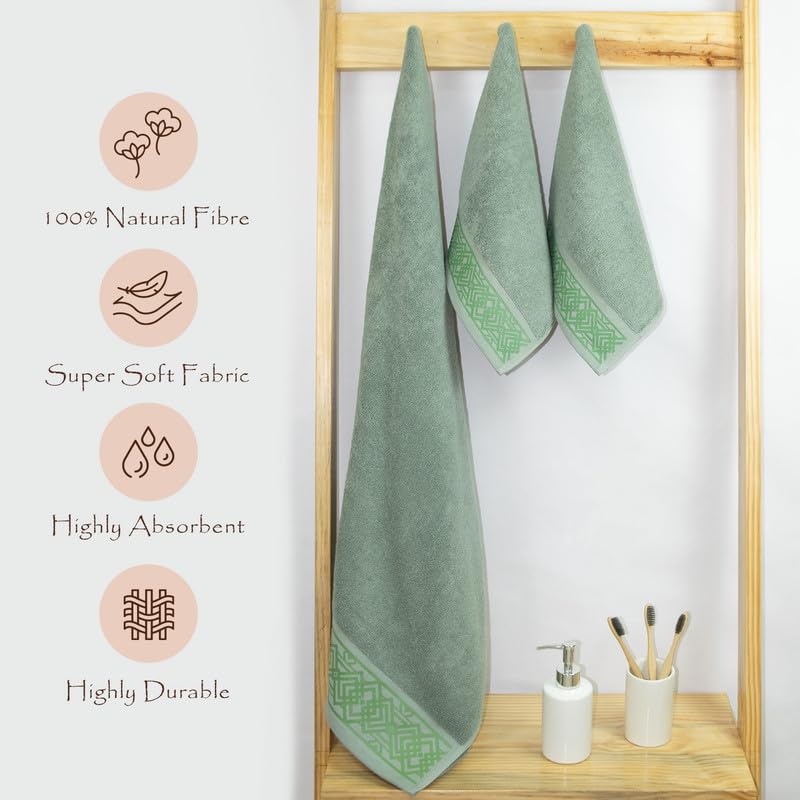 Rangoli 100% Cotton Fibre 2 Hand & 1 Bath Towel 1100 Gsm | Highly Durable & Absorbent Towel | Skin-Friendly & Quick Drying Luxury Towels (Green) - Pack Of 3