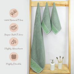 Rangoli 100% Cotton Fibre 2 Hand & 1 Bath Towel 1100 Gsm | Highly Durable & Absorbent Towel | Skin-Friendly & Quick Drying Luxury Towels (Green) - Pack Of 3