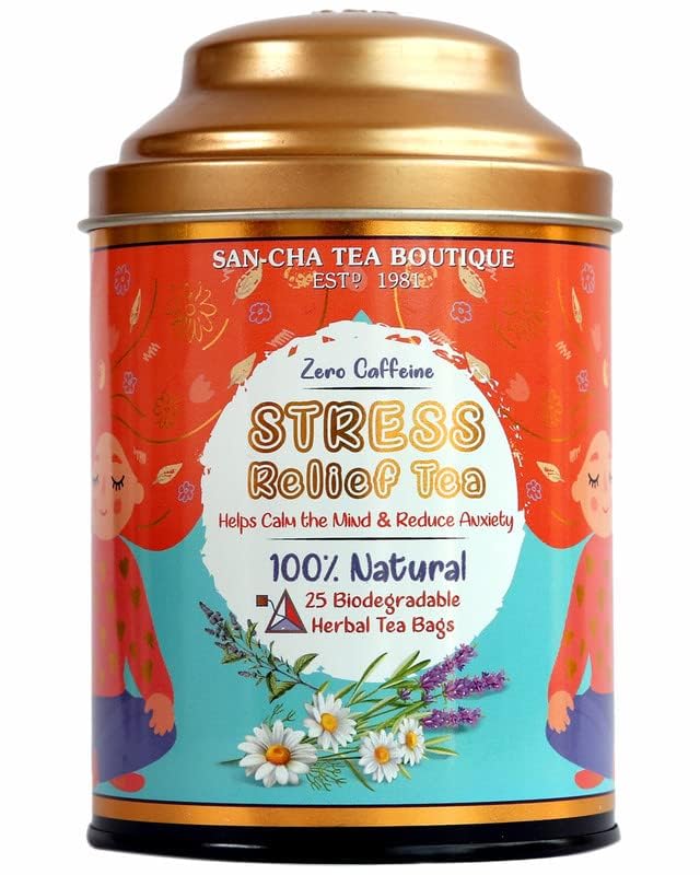 San-Cha Stress Relief Herbal Tea - 25 Biodegradable Herbal Tea Bags | Calms The Mind & Reduces Anxiety - Zero Caffeine, Environment Friendly