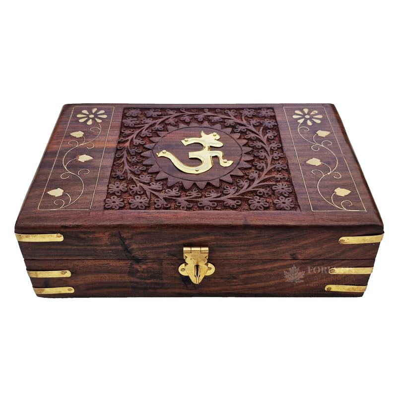 Exquisitely Hand Brass - Filled Traditional Wooden Om Box For Good Luck For Women, Jewellery 8 X 5 Inches, Colour - Brown, Retro Squares