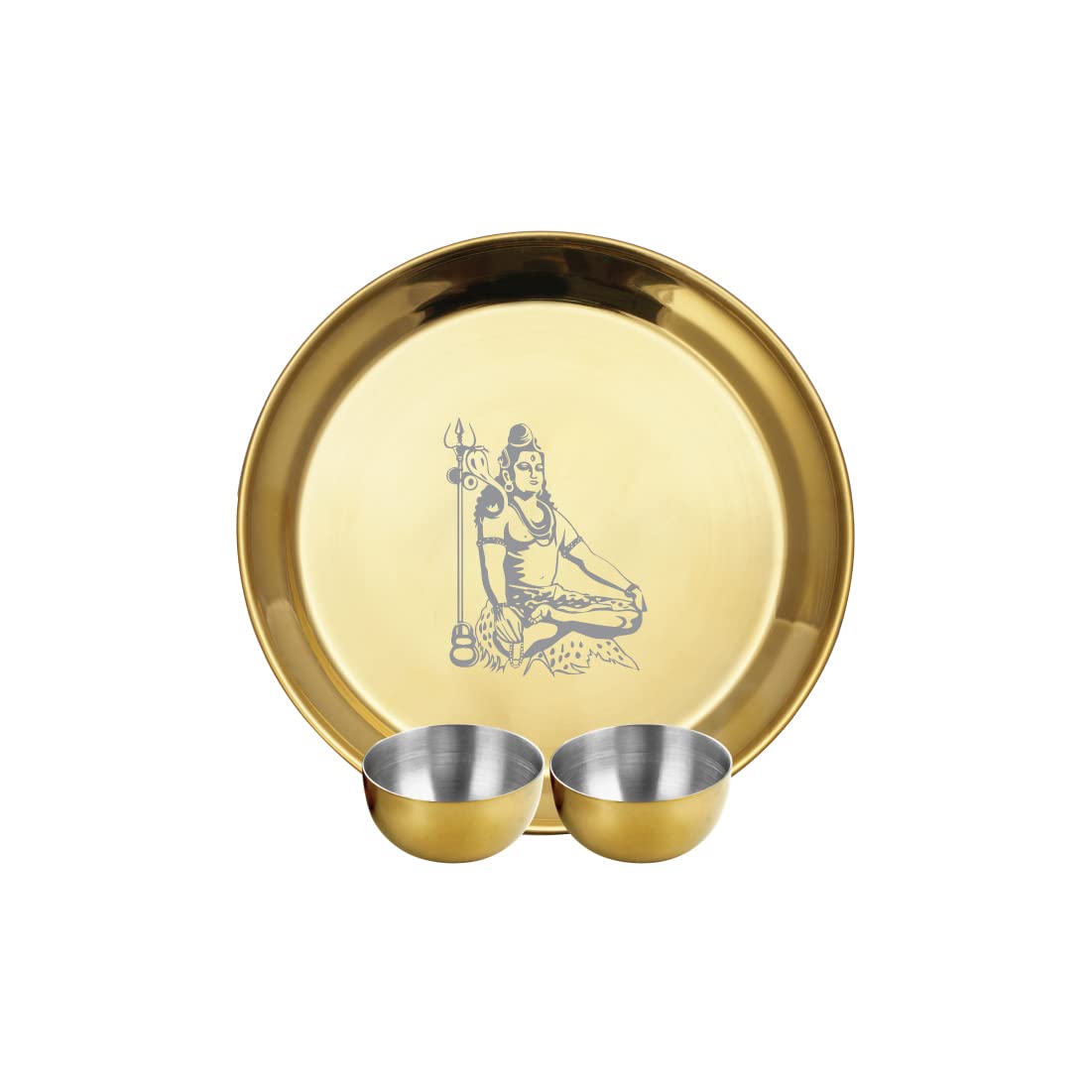 Stainless Steel Shiv Ji Pooja Thali Set Of 3, Gold PVD Coating | 1 Pooja Thali+ 2 Katoris - Easy To Clean & Dishwasher Safe