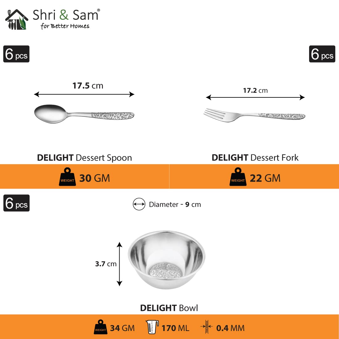 Designer Stainless Steel Delight Laser Bloom Leaf Dinner Set Of 36 Pieces, Silver | 6 Dinner Plates+ 6 Side Plates+ 6 Glasses+ 6 Bowls+ 6 Dessert Spoons+ 6 Dessert Fork