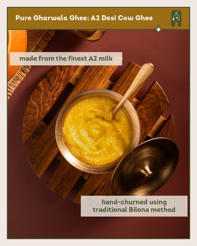 Pure Gharwala A2 Desi Cow Ghee By Aazol | Curd Churned Using Bilona Method Healthy Pure Desi Ghee Good For Skin | (500ml) 16.9 Ounce | Jar Pack