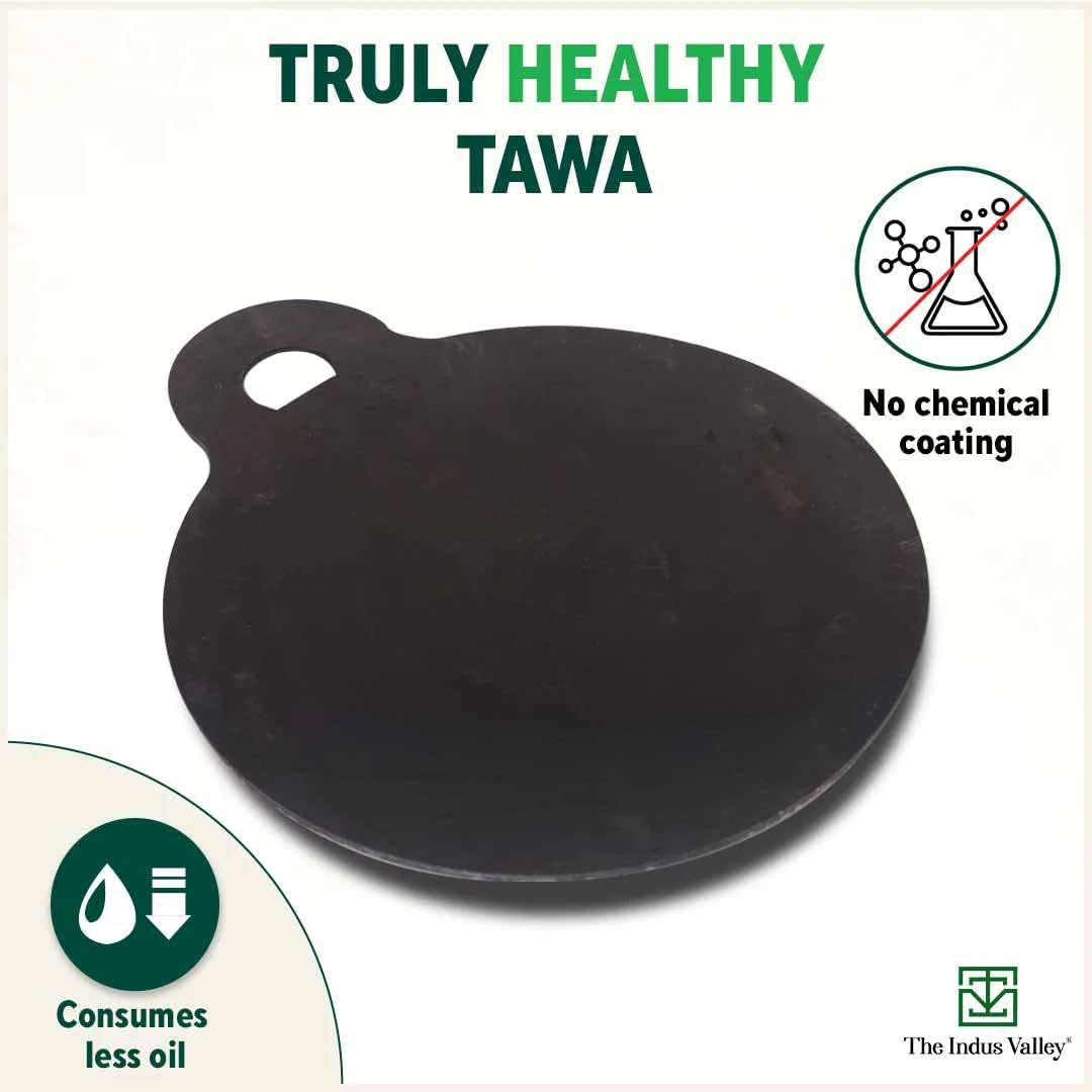 Pre-Seasoned Black Iron Tawa With Wooden Spatula & Flip For Dosa, Chapathi - 28cm, 11 Inch, 1.5 Kg | Gas Compatible, 100% Pure & Toxin-Free, No Chemical Coating