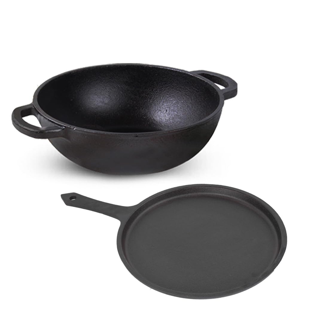 Pre-Seasoned Black Cast Iron Cookware Set - Tawa 25.7 Cm + Kadai 25.4 Cm, 2.3 Liters | Kitchen Cooking Combo Pots & Pans Set Of 2 Pcs - Naturally Nonstick