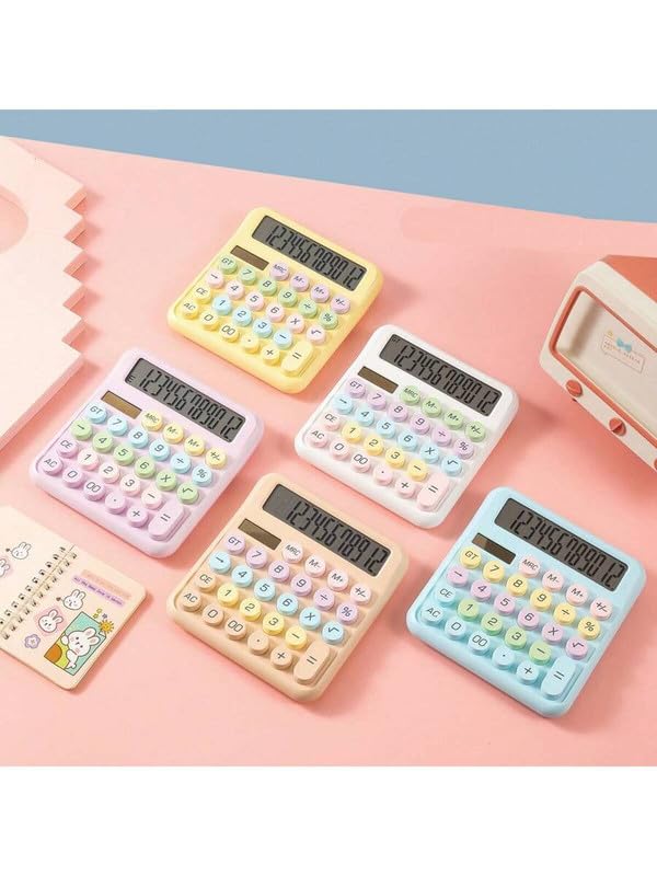Bluetick Desktop Calculator - 12 Digit Display | Big Buttons - Solar Power | 1 Year Warranty | Aesthetic Candy Color (White) | Gifts For Your Classmates Family And Friends