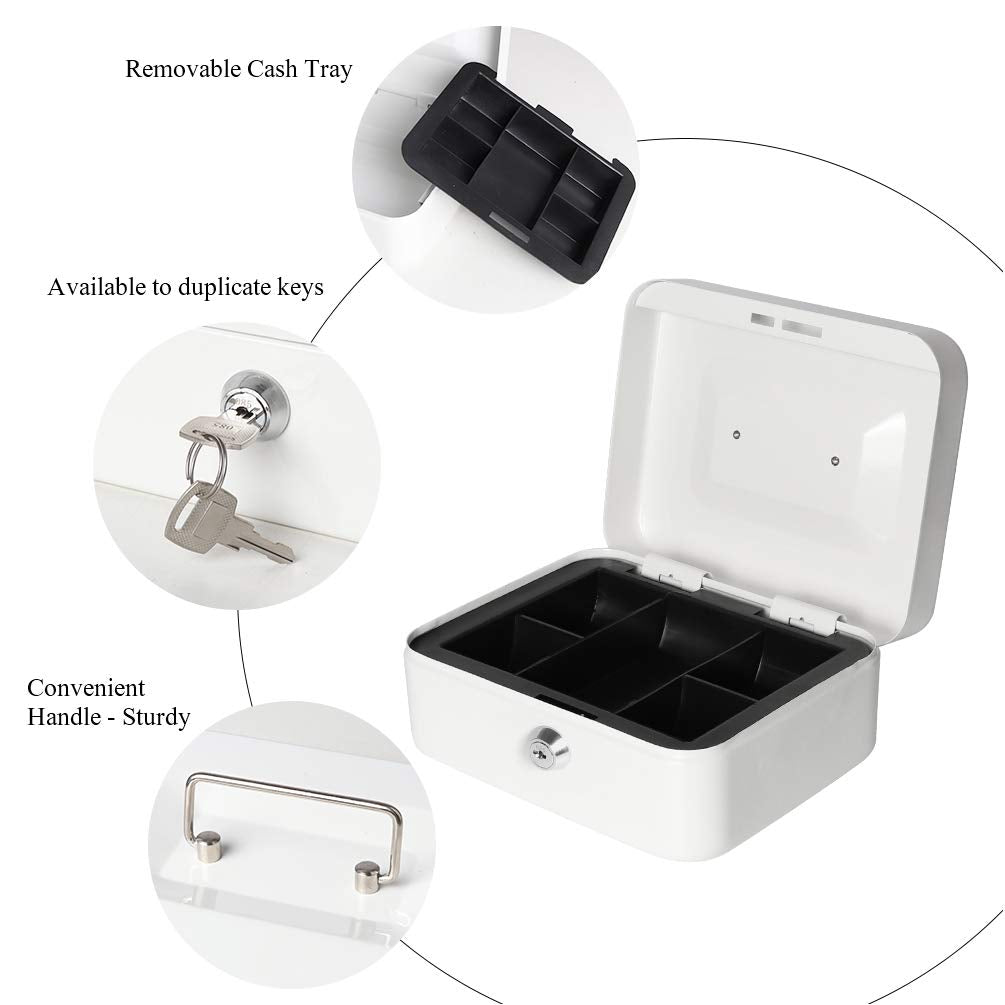 Small Cash Box With Key Lock - Durable Metal Cash Box With Money Tray, Colour - White, Lock Type - Key