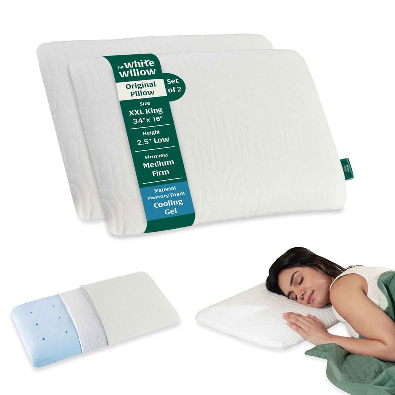 Thin Pillow For Sleeping - Slim Memory Foam Pillow - XXL King Size - 2.5 Inch | White Pillow, Cool Gel Slim Pillow For Neck & Shoulder Pain Relief - Orthopedic Cervical Pillow - Set Of 2