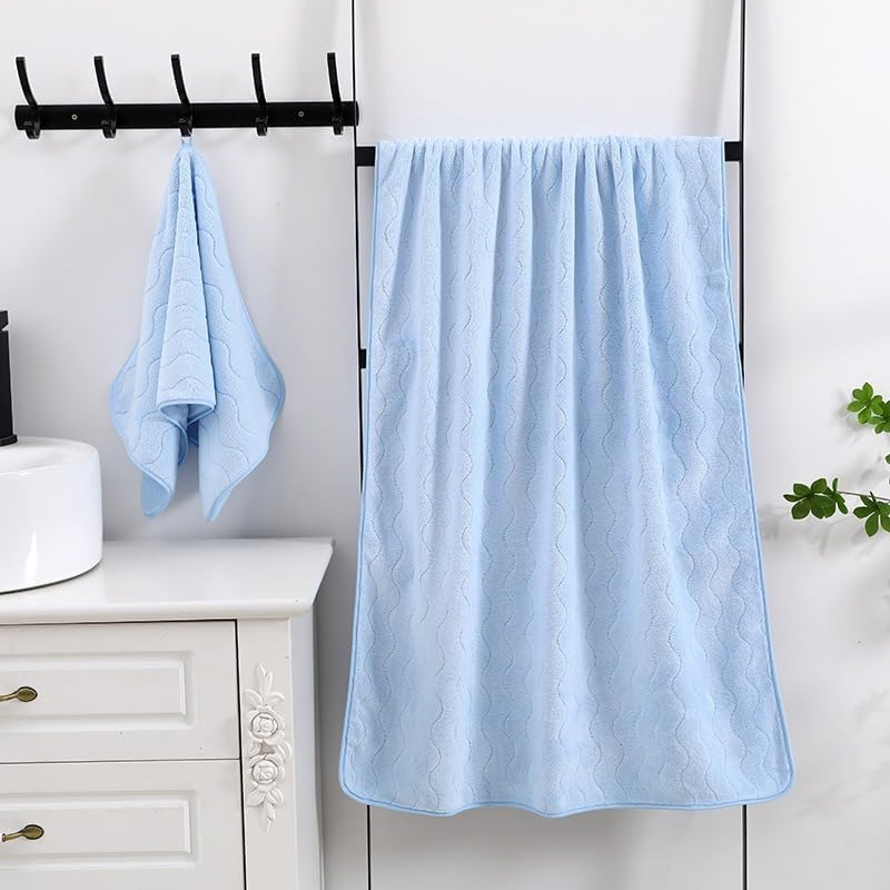 HomeCloud Microfiber Soft & Fuffy Bath & Face Towel 400 Gsm With Hanging Loop | 3x Softer Than Cotton Towels | Highly Absorbent Set Of 2 (Waves SkyBlue)