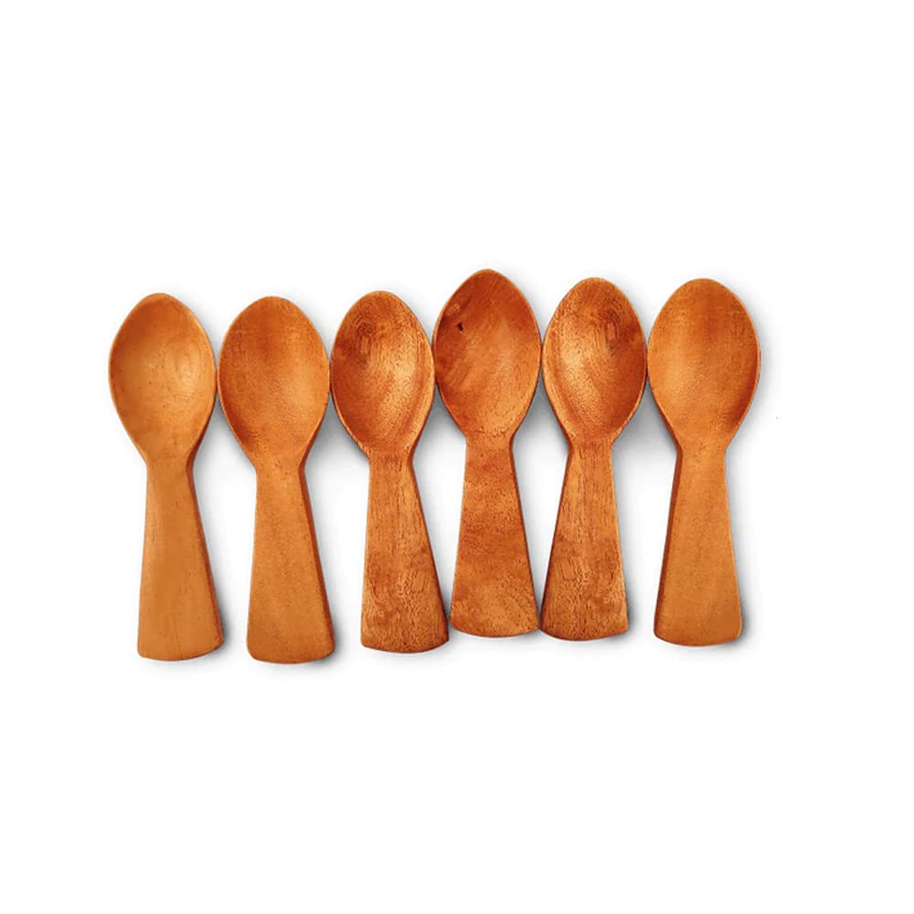 Neem Wooden Masala Brown Spoon Set For Measuring Sugar, Grains, Salt, Condiments & Masala Spices, Coffee Powder, Tea Powder - Set Of 6 Pieces, 11 Centimeters