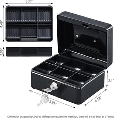 Portable Locking 6 Inch Small Cash Box For Money Coin, Colour - Black, Material - Alloy Steel, Control Type - Key Control