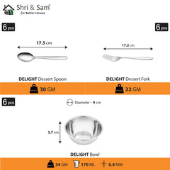 Stainless Steel Delight Solid Dinner Set Of 36 Pieces, Silver | 6 Dinner Plates+ 6 Side Plates+ 6 Glasses+ 6 Bowls+ 6 Dessert Spoons+ 6 Dessert Fork - Easy To Clean & Dishwasher Safe