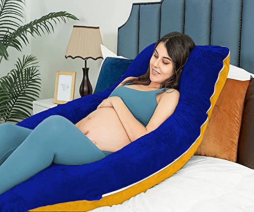 U Shaped Pillow, Pregnancy Pillow For Maternity & Baby Nursing - Gold, Royal Blue | Pregnant Women Stomach, Spine, Neck Support, Velvet Outer Cover With Zip, Full Body Pillow, Adjustable