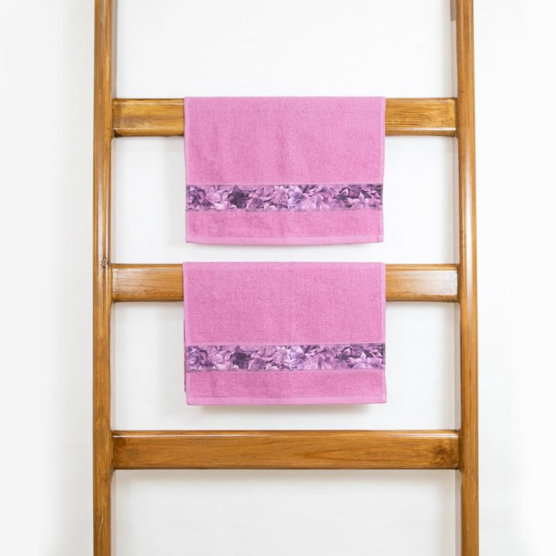 Rangoli 100% Cotton Fibre Hand Towels 440 Gsm | Highly Durable & Absorbent With Printed Border | Quick Drying Towels (Pink) - Pack Of 2