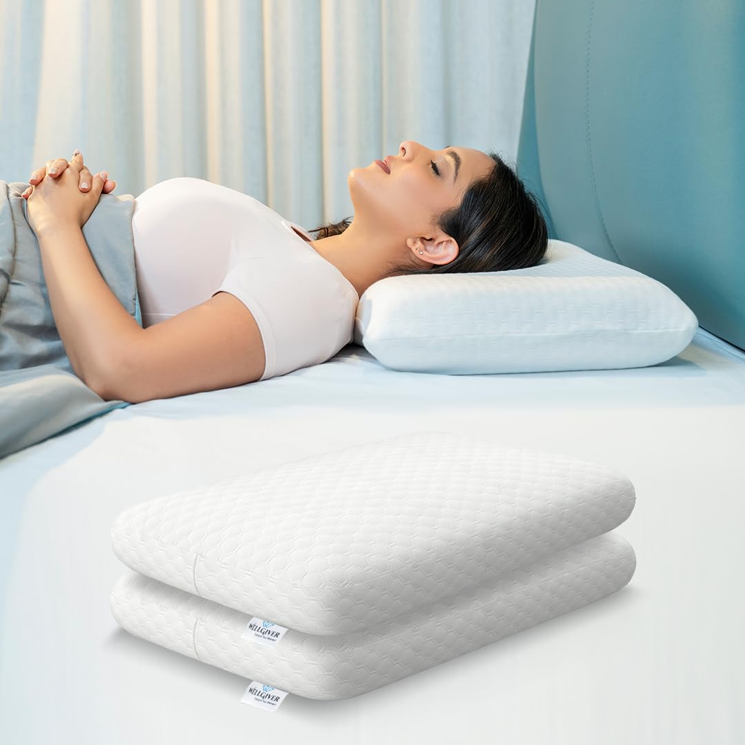 Memory Foam Cervical Pillow, Orthopedic Pillow, Standard Size - 20 X 13 X 4 Inch | White Pillow, For Neck & Shoulder Pain Relief | Removable Zipper Cover, Sleeping Pillow - Pack 2