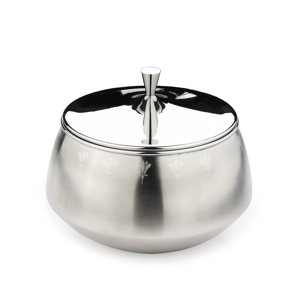 Stainless Steel Double-Walled Serving Bowl With Lid - Zenith Series | Floral Pattern Serving Pot - Small Dining Table Bowl | Curry, Rice, Sabzi Serving Bowl - Serve Ware, Dinnerware & Tableware