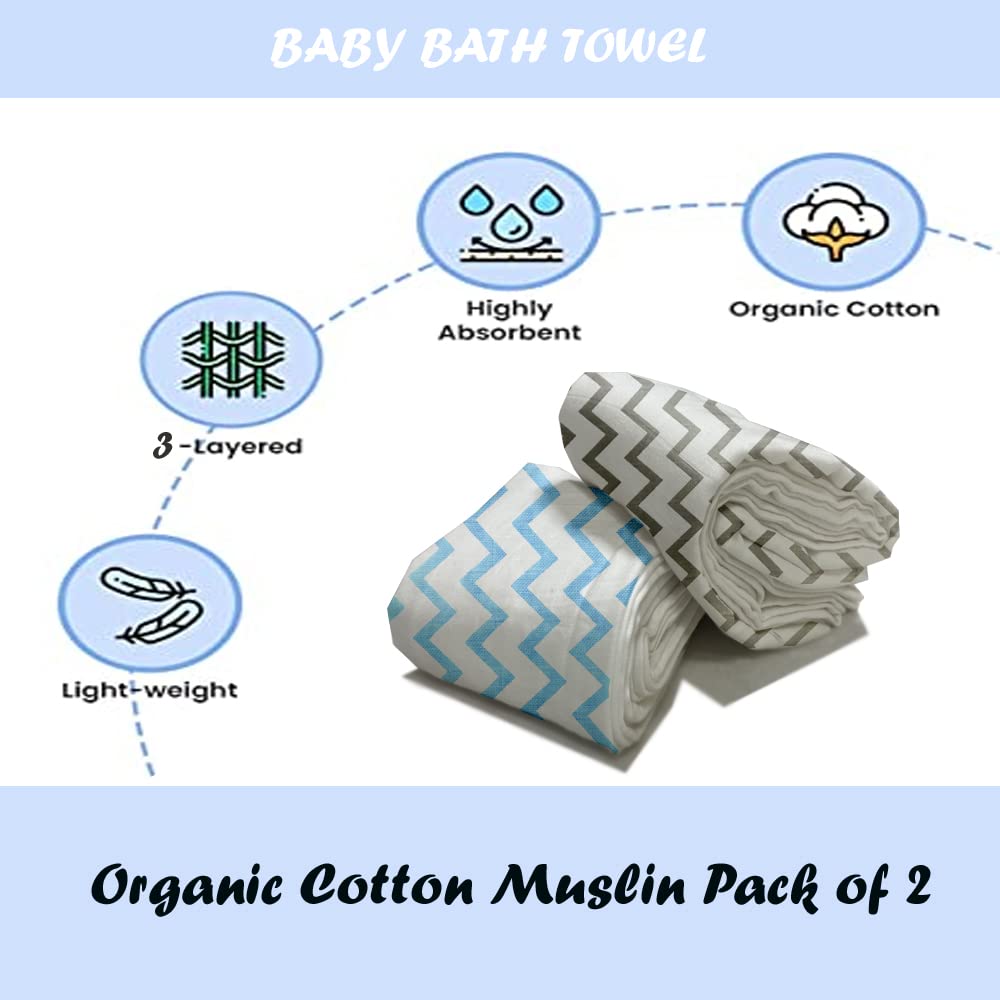 Organic Cotton Muslin Baby Bath Towel 200 Gsm | Cotton Cloth Premium Baby Washable Reusable, Absorbent, Extra Soft (Zig Zag Blue & Grey)- Pack Of 2