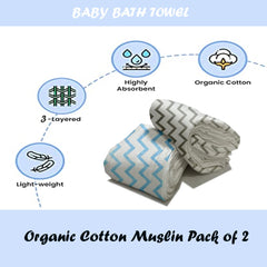Organic Cotton Muslin Baby Bath Towel 200 Gsm | Cotton Cloth Premium Baby Washable Reusable, Absorbent, Extra Soft (Zig Zag Blue & Grey)- Pack Of 2