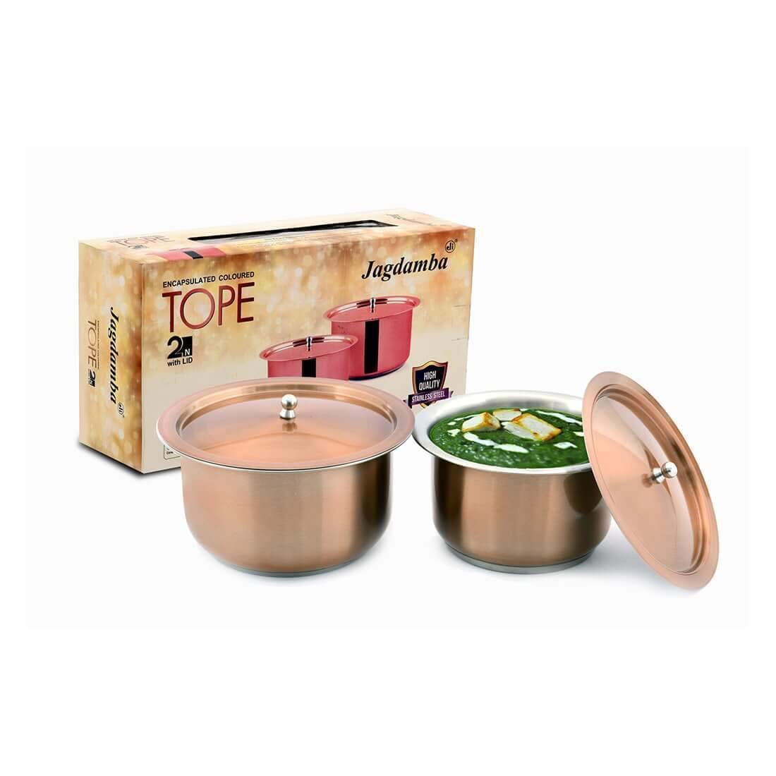 High Grade Stainless Steel Copper Tope With Lid Set Of 2 Pcs | Copper Coating & Inside Silver Color, Size 16 Cm, 1.1 Liters + 18 Cm, 1.6 Liters