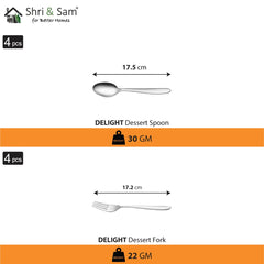 Stainless Steel Delight Solid Dinner Set Of 28 Pieces, Silver | 4 Dinner Plates+ 4 Glasses+ 8 Bowls+ 4 Pudding Bowls+ 4 Dessert Spoons+ 4 Dessert Fork - Easy To Clean & Dishwasher-Safe