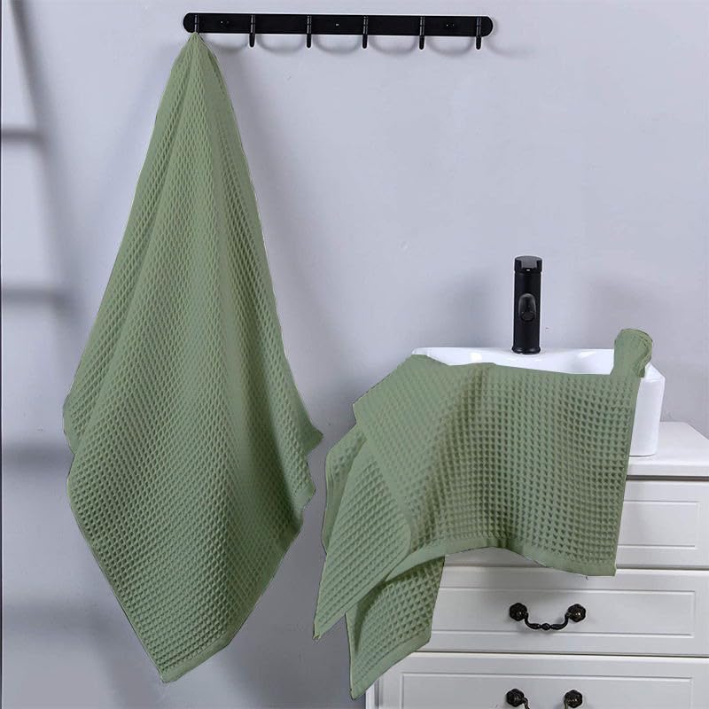 Enchant Home Pure Cotton Waffle Towel 500 Gsm | Lightweight Anti-Microbial & Water Absorbent Soft Touch Quick Drying Hand Towels | Sage Green (Pack Of 4)