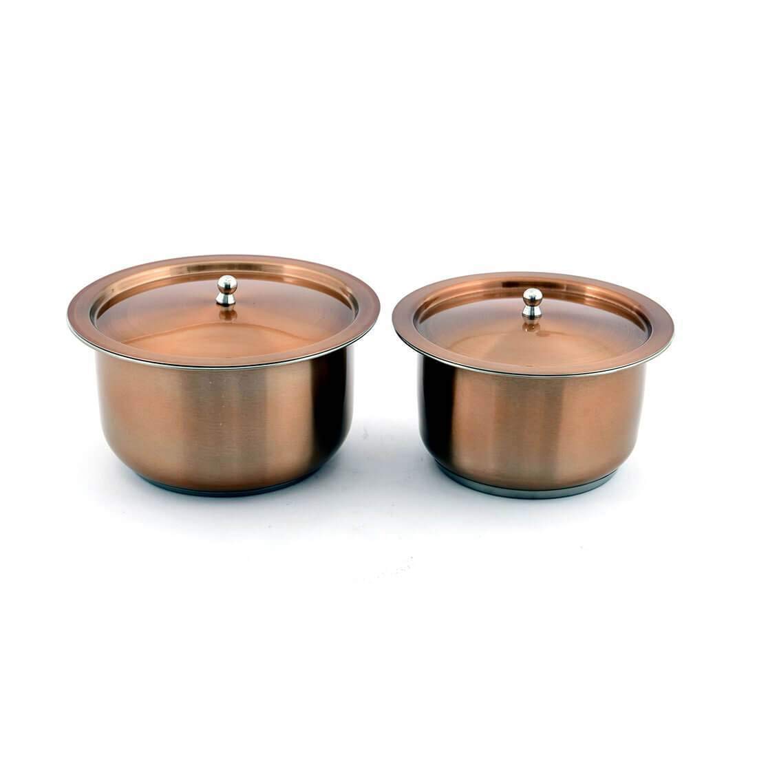 High Grade Stainless Steel Copper Tope With Lid Set Of 2 Pcs | Copper Coating & Inside Silver Color, Size 16 Cm, 1.1 Liters + 18 Cm, 1.6 Liters