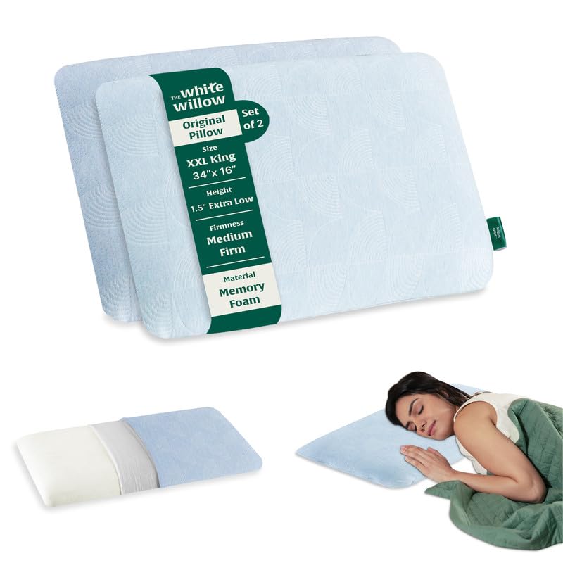 Ultra Thin Pillow For Sleeping, Orthopedic Cervical Neck Pillow - Standard Size - 1.5 Inch | Ultra Slim Memory Foam Pillow | Slim Pillow For Neck & Shoulder Pain Relief - Set Of 2