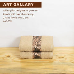 Rangoli 100% Cotton Fibre Hand Towels 440 Gsm | Highly Durable & Absorbent With Printed Border | Quick Drying Towels (Beige) - Pack Of 2