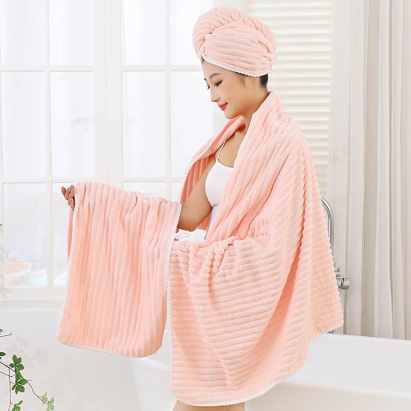 HomeCloud Korean Bath & Face Towel 400 Gsm | Plush Soft & Luxury Towel Set With Hanging Loop | 3x Softer Than Cotton Towels | Set Of 2 (Pink)