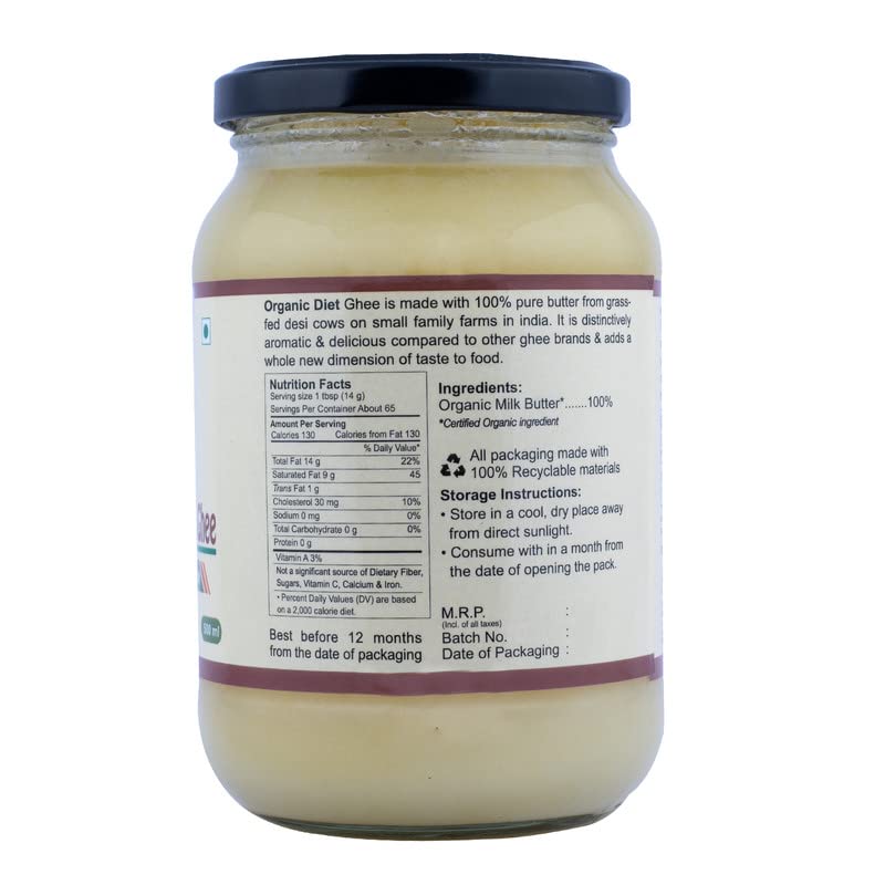 100% Pure A2 Desi Cow Ghee By Organic Diet | Traditional Bilona Curd-Churned Method Healthy Desi Ghee Good For Muscles | (500ml) 16.9 Ounce | Jar Pack