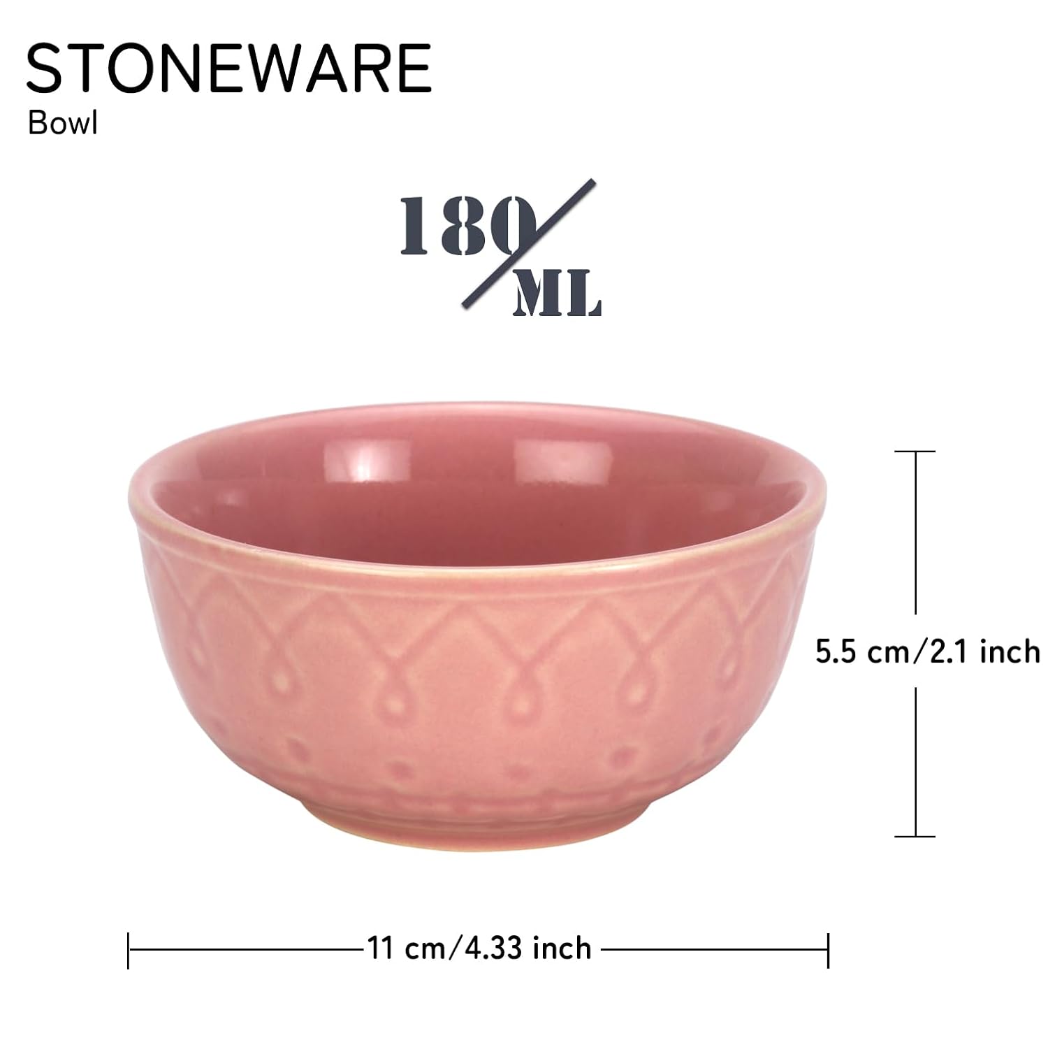 Ceramic Hand Glazed Stoneware Embossed Dinner Katori Set Of 4 - 180ml Each, Light Pink | Microwave Safe & Dishwasher Safe - Small Serving Bowl Set