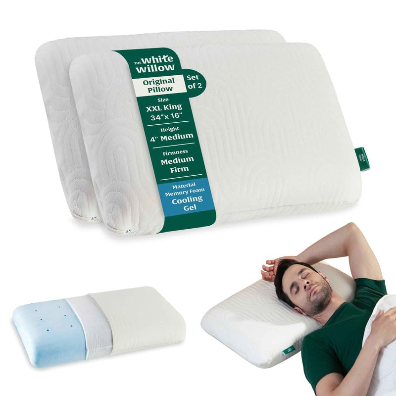 Memory Foam Pillow, Cool Gel Pillow For Neck & Shoulder Pain, White - XXL King Size - 4 Inch | Cervical Pillow For Sleeping-Orthopedic Pillow For Back, Side & Stomach Sleeper - Set Of 2