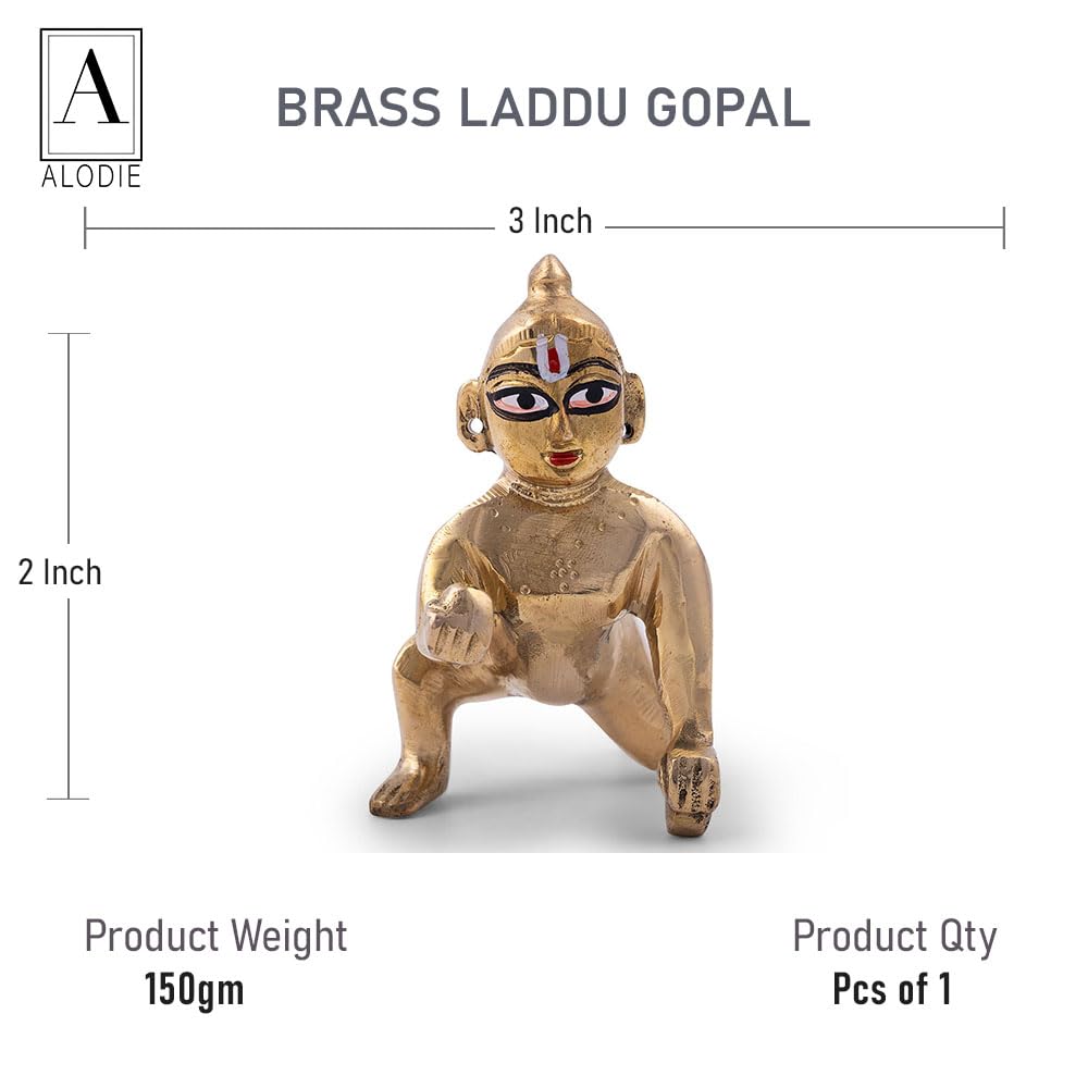 Beautiful Brass Laddu Gopal Murti, Bal Gopal, Gold, Brass, Idol Size - Small 3 X 2 Inch, Petal Ke Laddoo Gopal Ji, Thakur Ji, Lord Krishna Murti, God Idol