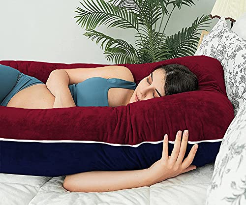 U Shaped Pillow, Pregnancy Pillow For Maternity & Baby Nursing - Dark Blue & Maroon | Pregnant Women Stomach, Spine, Neck Support, Velvet Outer Cover With Zip, Full Body Pillow, Adjustable