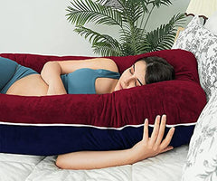 U Shaped Pillow, Pregnancy Pillow For Maternity & Baby Nursing - Dark Blue & Maroon | Pregnant Women Stomach, Spine, Neck Support, Velvet Outer Cover With Zip, Full Body Pillow, Adjustable