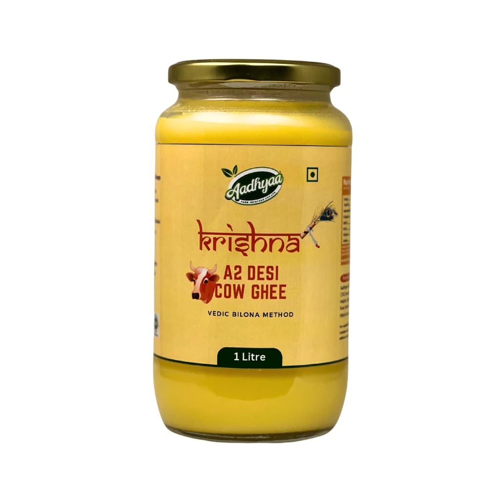 Organic Krishna A2 Desi Cow Ghee By Aadhyaa | Vedic Bilona Method Hand Churned Cultured Ghee Good For Dishes | (1 Litre) 33.8 Ounce | Jar Pack