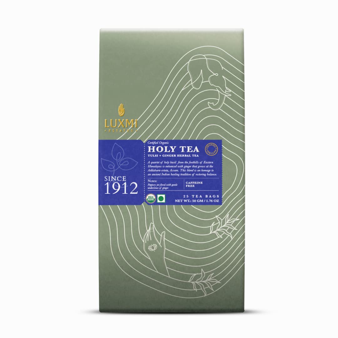 Luxmi Estates Turmeric Time Out + Holy Tea Green Tea Pack Of 2 - 50gm, 1.7 Ounce, 25 Tea Bags In Each | USDA Certified Organic Green Tea - Made With Turmeric Ginger Herbal Tea, Tulsi Basil Tea