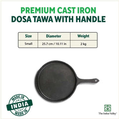 Pre-Seasoned Black Cast Iron Tawa With Free Wooden Spatula For Dosa, Chapathi - 25.7cm, 10.3 Inch, 2 Kg | Induction Friendly, Naturally Nonstick, 100% Pure & Toxin-Free, No Chemical Coating