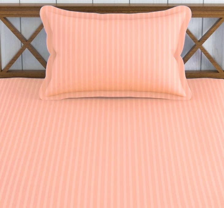 1 Bedsheet Single Satin Stripe Elastic Fitted With 1 Pillow Cover (36 X 78 Inches) Peach | Lightweight, Soft & Breathable - Perfect For Gifting On Weddings Bedsheet