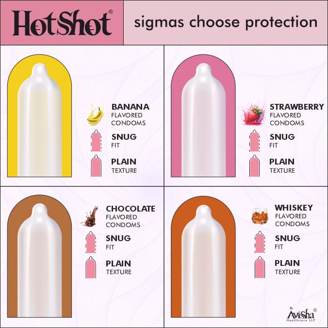 Hotshot Assorted Flavours - Banana, Strawberry, Chocolate, Whiskey Regular Condom (Set Of 4 )