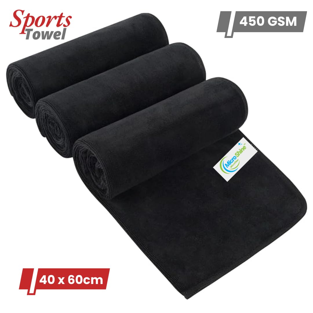 Microshine Microfiber Sports Towels 450 Gsm | Quick Drying, Ultra Absorbent, Lightweight Gym Towels - Black (Pack Of 3)