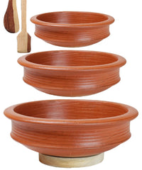 Deep Burned Uncoated Clay Pot Or Mitti Handi Combo With 2 Wooden Spatulas Complimentary Pack Of 3 - Red, 1+2+3 Liters | Pre-Seasoned Mud Pot - Unglazed, Double Fired, Hand Crafted